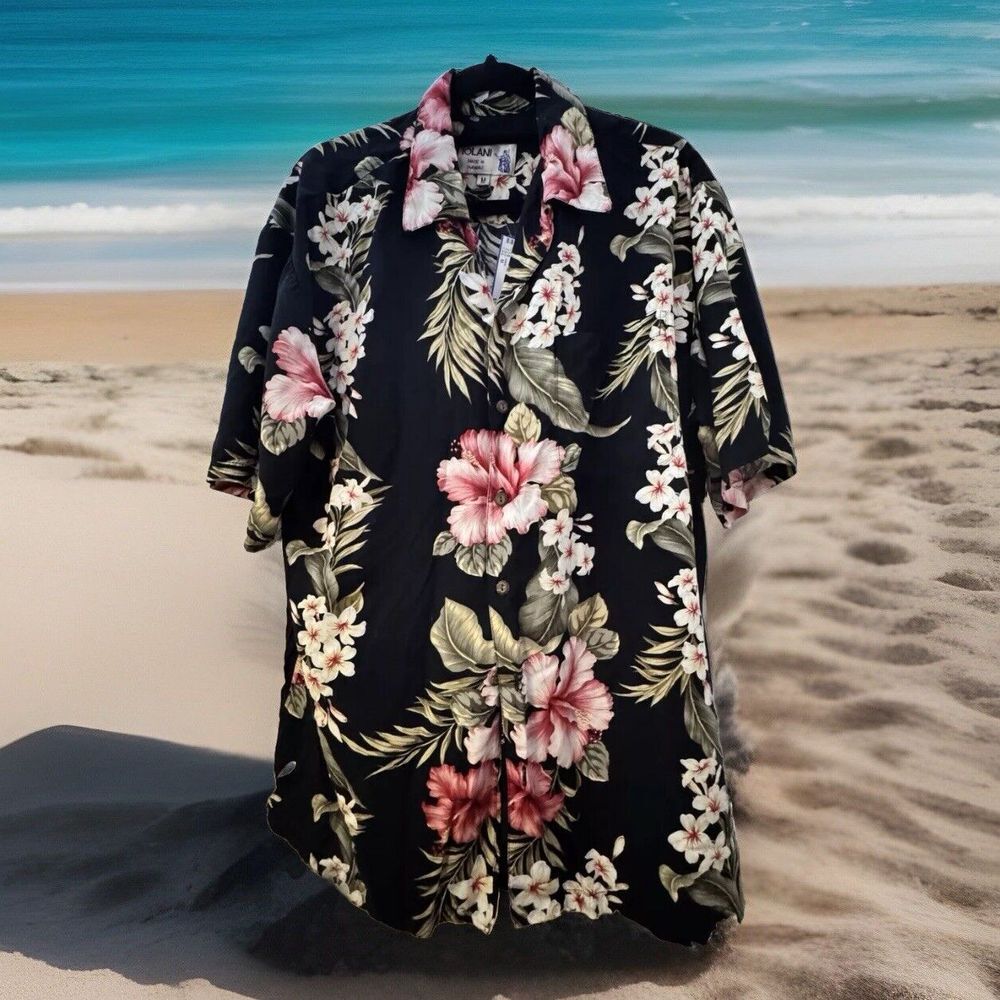 IOLANI Hawaiian Shirt Mens M Medium Button‎ Up Floral Black Vintage